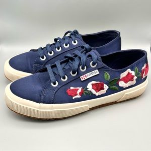Superga Anthropologie Blue Satin Floral Embroidered Sneakers Size 7.5